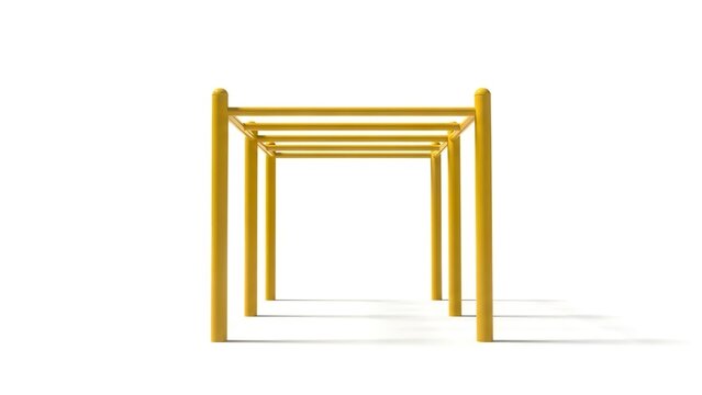 Yellow monkey bars frame set against a stark white backdrop creating sharp shadows