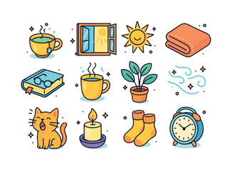 Calm Morning Icons. Calm morning vibes. Colorful isometric vecto