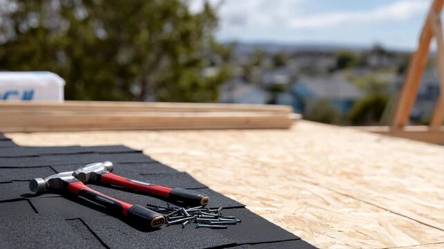 Detailed shot of roofing nails and tools resting beside new shingles on a wooden roof frame, warm sunlight illuminating fresh construction textures