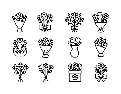 Flower Bouquet Icons. Flower Bouquets. Line icon set of flower b