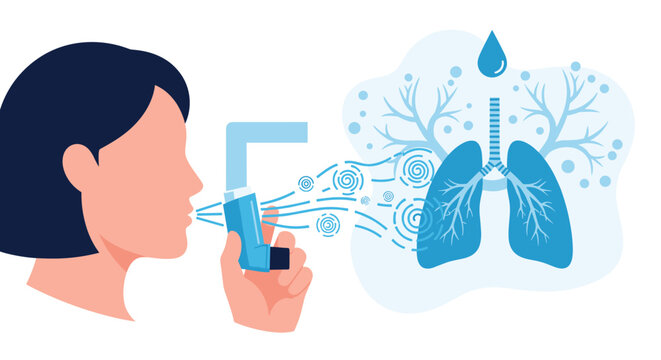 Illustration of a woman using a blue asthma inhaler for respiratory relief, with an artistic depiction of the aerosol medicine flowing into her lungs.