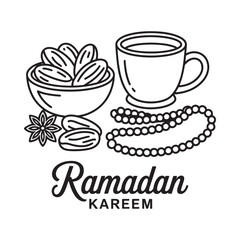 Ramadan kareem illustration with dates tea and prayer beads in black and white