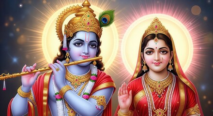 Radha Krishna Lotus Aura. Sacred Devotional 4K Wallpaper.