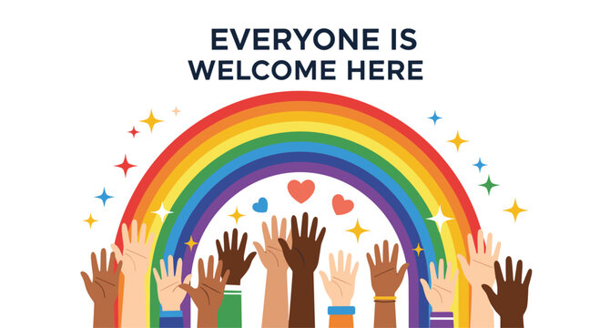 Diverse communities celebrate inclusion and welcome everyone with a rainbow of unity and hopeful hands raised in joy for every background and belief.