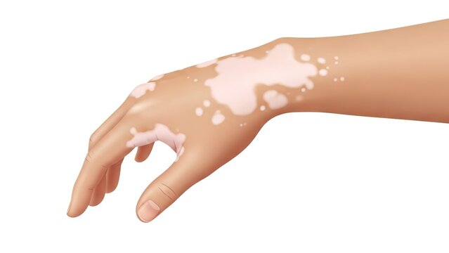 A hand with vitiligo showing patches of depigmented skin