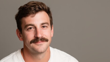Fototapeta premium Young man smiling and looking at camera, having a neat mustache, portraying friendliness and confidence on a positive gray background