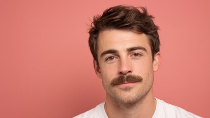 Fototapeta premium Young adult man with confident facial expression and stylish mustache on a vibrant pink background, having short brown hair and light stubble, looking directly at the camera