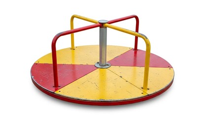 A merrygoround with red and yellow sections featuring a central metal pole and support bars