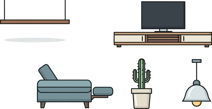 Set of modern living room furniture and decor elements including a television on a stand, an armchair with an ottoman, a potted cactus, a hanging light fixture, and a floating shelf, isolated on white