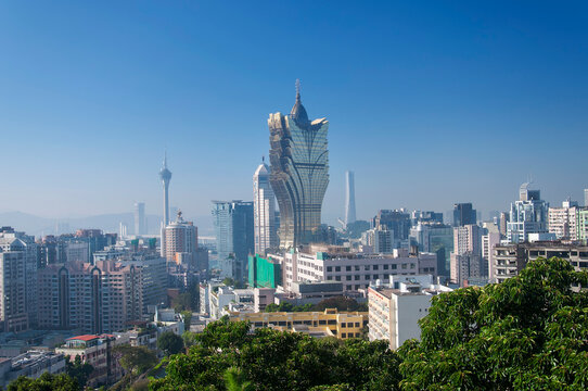 grand Lisboa casino and aerial city view Macau China