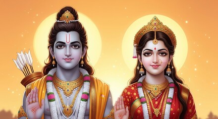 Sita Ram Ayodhya Glow. Divine Hindu 4K Wallpaper.