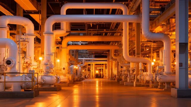 Factory corridor filled with horizontal and vertical pipe lines, warm orange glow from overhead lights highlighting their geometric arrangement