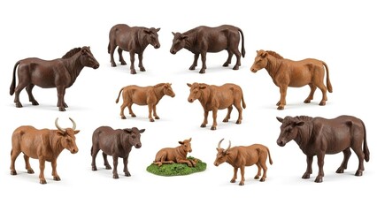 Collection of brown toy animals including bovines and a horse arranged on a white surface