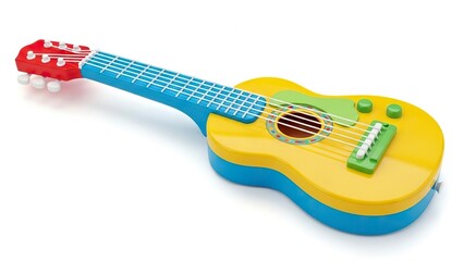 Toy guitar yellow body blue neck red headstock and white strings isolated on a white background