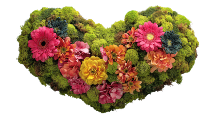 Heart shaped moss floral arrangement with pink gerberas, yellow dahlias and orange chrysanthemums on transparent background, symbolizing love, passion and spring romance