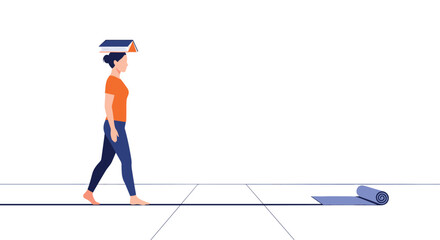 Graceful woman improving her posture and balance by walking with a book on her head, stepping onto an unrolling yoga mat for exercise.