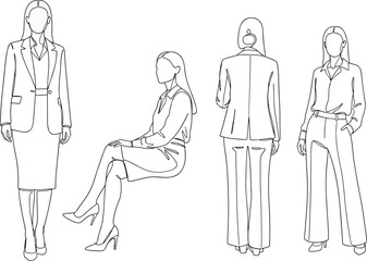 Obraz premium Businesswoman poses, professional attire, standing seated view, posture sketch, fashion figure, line drawing, flat vector illustration