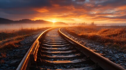 Fototapeta premium A stunning sunrise casts golden hues over the rail tracks, winding through misty fields, creating a tranquil and contemplative atmosphere in nature's embrace.