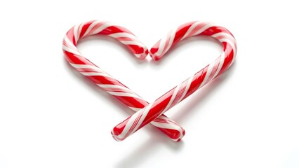 Two candy canes crossed to form a heart shape on a white surface