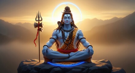 Naklejka premium Shiva Sunrise Meditation. Calm Devotional 4K Wallpaper.