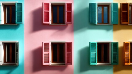 Fototapeta premium A vibrant and colorful facade features an array of decorative windows, illuminating the character and charm found in unique architecture and urban life.