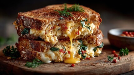 Tempting grilled cheese sandwich stacked with delicious melted cheese and vegetables, served on rustic wooden cutting board, perfect for food enthusiasts and comfort seekers.