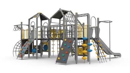 Complex playground structure with climbing walls ropes and a slide predominantly gray yellow and blue