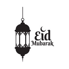 Elegant black lantern with crescent moon and eid mubarak calligraphy design