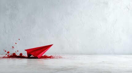 A bold red paper plane rests on a surface, surrounded by a vivid splash of color, representing creativity and imaginative flight through art.
