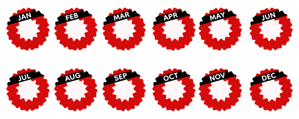 illustration showcases a complete month badge set from January to December featuring Bright red wavy ribbon shapes with a clean empty center area for adding custom text. Perfect for calendars