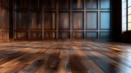 A beautifully designed wooden interior showcasing rich textures and elegant wood paneling that adds warmth and depth to the spacious atmosphere of the room.