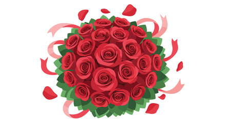 Lush and romantic bouquet of red roses with green leaves, pink ribbons, and falling petals, creating a beautiful floral arrangement.