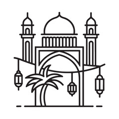 Detailed line art illustration of a majestic islamic mosque with palm trees