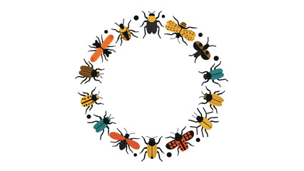 Fototapeta premium Circular frame made of various colorful cartoon beetles and bugs, creating a unique and decorative border for nature-themed designs.