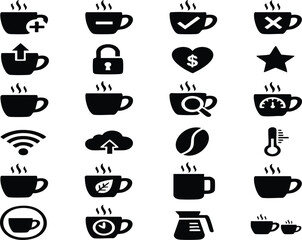 Coffee and tea cup icons set, hot beverage silhouettes, cafe and restaurant menu symbols.
