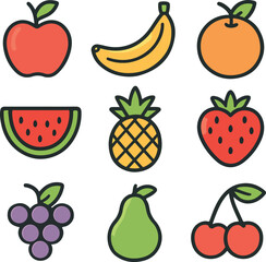 Colorful Fruit Icon Set – Flat Cartoon Fruit Illustrations with Bold Outline  