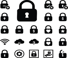 Security padlock icons set, protection and safety symbols, privacy and encryption lock silhouettes