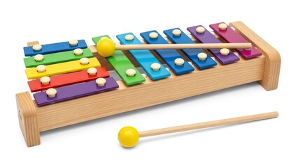 A xylophone with rainbow keys wooden frame  yellow mallets rests on a white surface