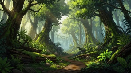 A magical and lush green forest pathway with ancient trees and vibrant undergrowth