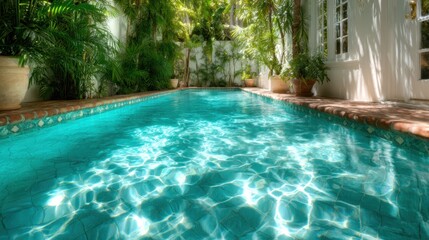 This serene indoor tropical pool, surrounded by vibrant greenery, reflects the sunlight and creates a tranquil oasis perfect for relaxation and rejuvenation.