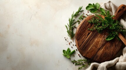 A rustic wooden board showcases a collection of fresh herbs, complemented by peppercorns and textiles, highlighting the importance of natural ingredients in culinary arts.