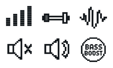 Pixel art audio icons: equalizer, speaker, sound waves, bass boost