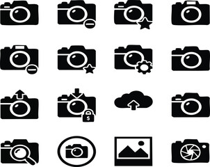 Camera photography icons set, photo and video symbols, digital shutter silhouettes.