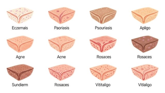 Skin problem comparison chart with 12 blocks showing unique skin conditions
