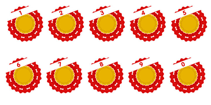 Number 0&ndash;9 decorative badge set featuring bold red and gold circular labels on Transparent Background. This customizable numeric typography design allows adding text in the center