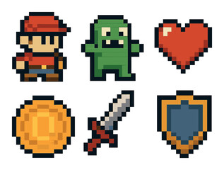 Obraz premium Pixel art icons: adventurer, monster, heart, coin, sword, shield