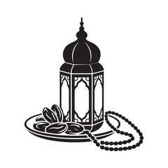 Elegant black and white illustration of a lantern dates and islamic prayer beads
