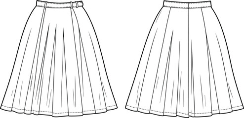 Women's pleated midi skirt technical fashion flat illustration showing front and back views with waistband details for apparel design