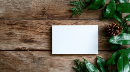 A minimalistic composition featuring a blank card on a wooden table, surrounded by lush greenery, evoking feelings of tranquility and natural beauty.