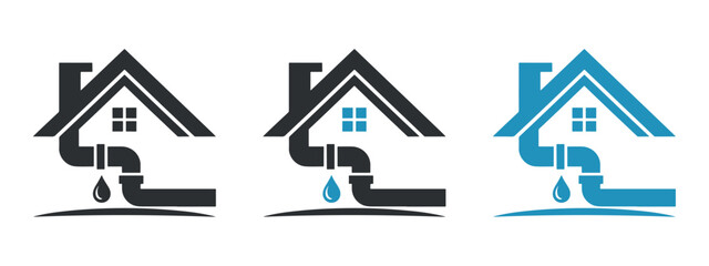 Three house logos incorporating a water droplet design in different color schemes